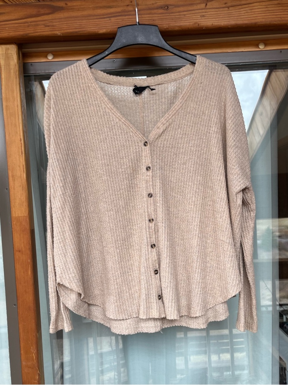 Urban Outfitters Beige Waffle Knit Button-Front Top
